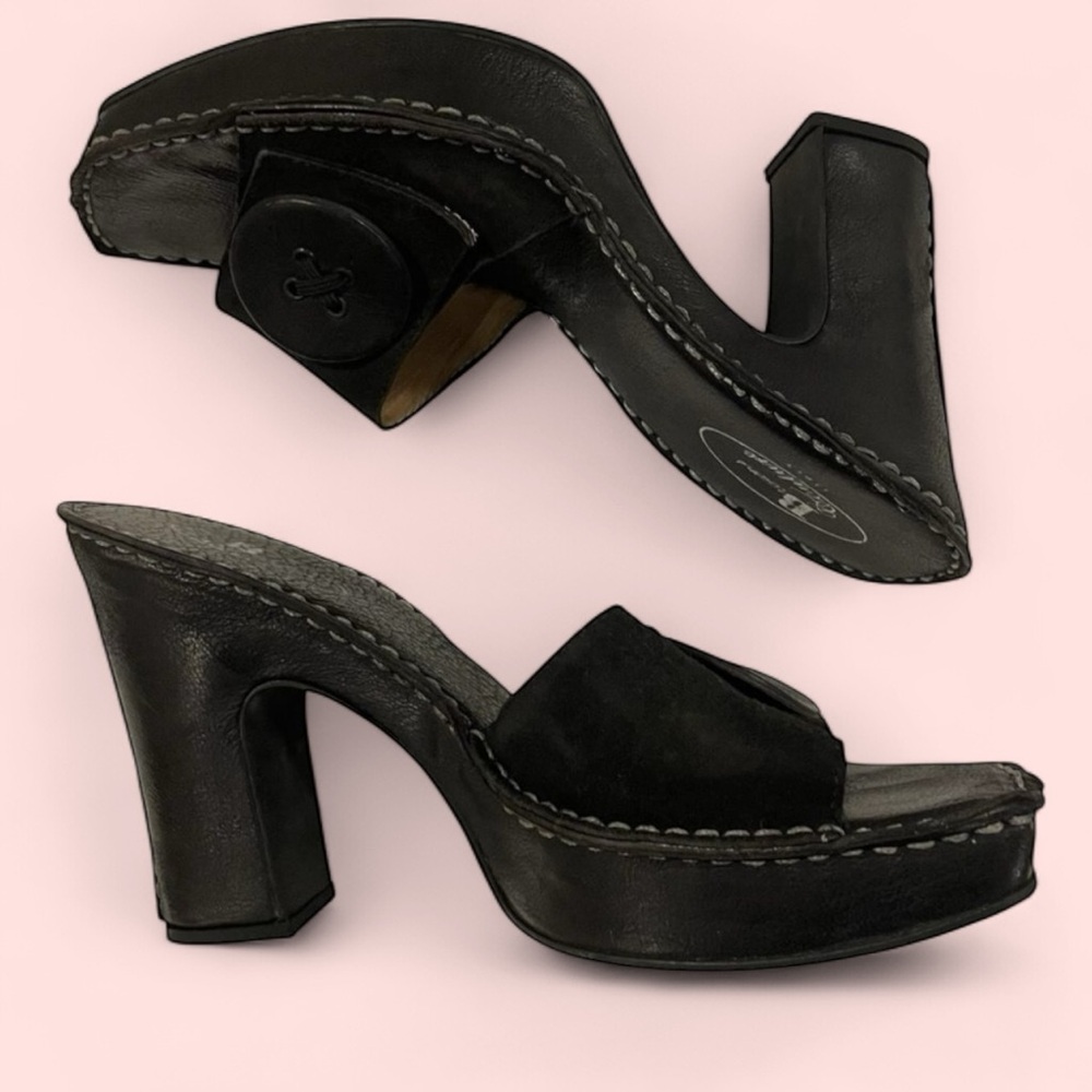 Y2K Browns Couture black suede platform chunky button square toe heeled slides
